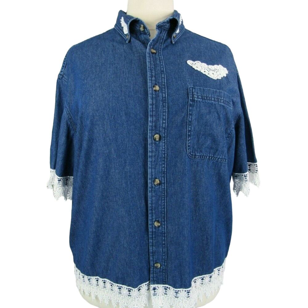 Ultra Club Denim Blouse Button Front Short Sleeves Eyelet Lace Trim Size XL